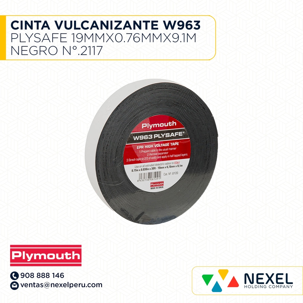 OUT - CINTA VULCANIZANTE W963 PLYSAFE 19MMX0.76MMX9.1M NEGRO N°.2117 PLYMOUTH