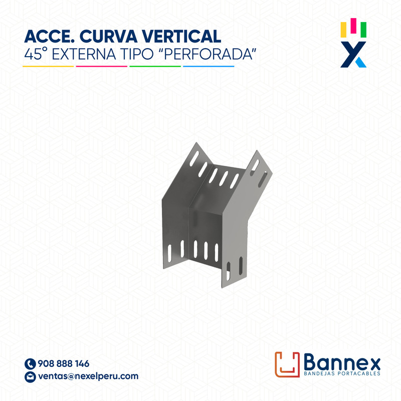 CURVA VERTICAL EXTERNA 45° GALV. TIPO "PERFORADA" 350x150MM 1.2MM C/TAPA INC. UNION BANNEX
