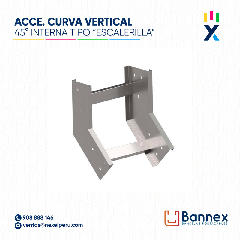 CURVA VERTICAL INTERNA 45° GALV. TIPO "ESCALERILLA" 600x150MM 1.2MM S/TAPA INC. UNION BANNEX