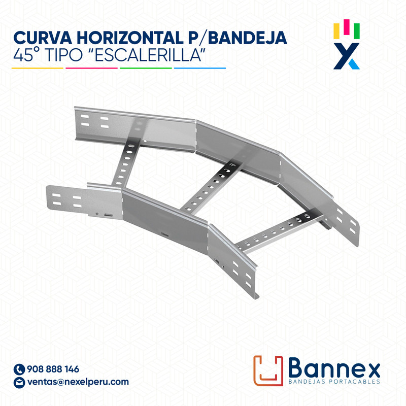 CURVA HORIZONTAL 45° GALV. TIPO "ESCALERILLA" 500x150MM 2MM S/TAPA INC. UNION BANNEX