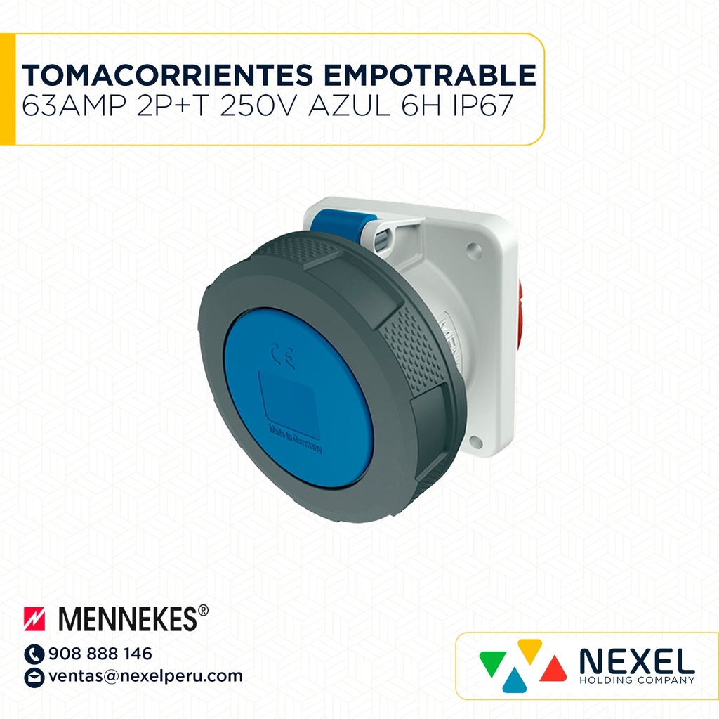 OUT- TOMACORRIENTES EMPOTRABLE 63AMP 2P+T 250V AZUL 6H IP67 1264A