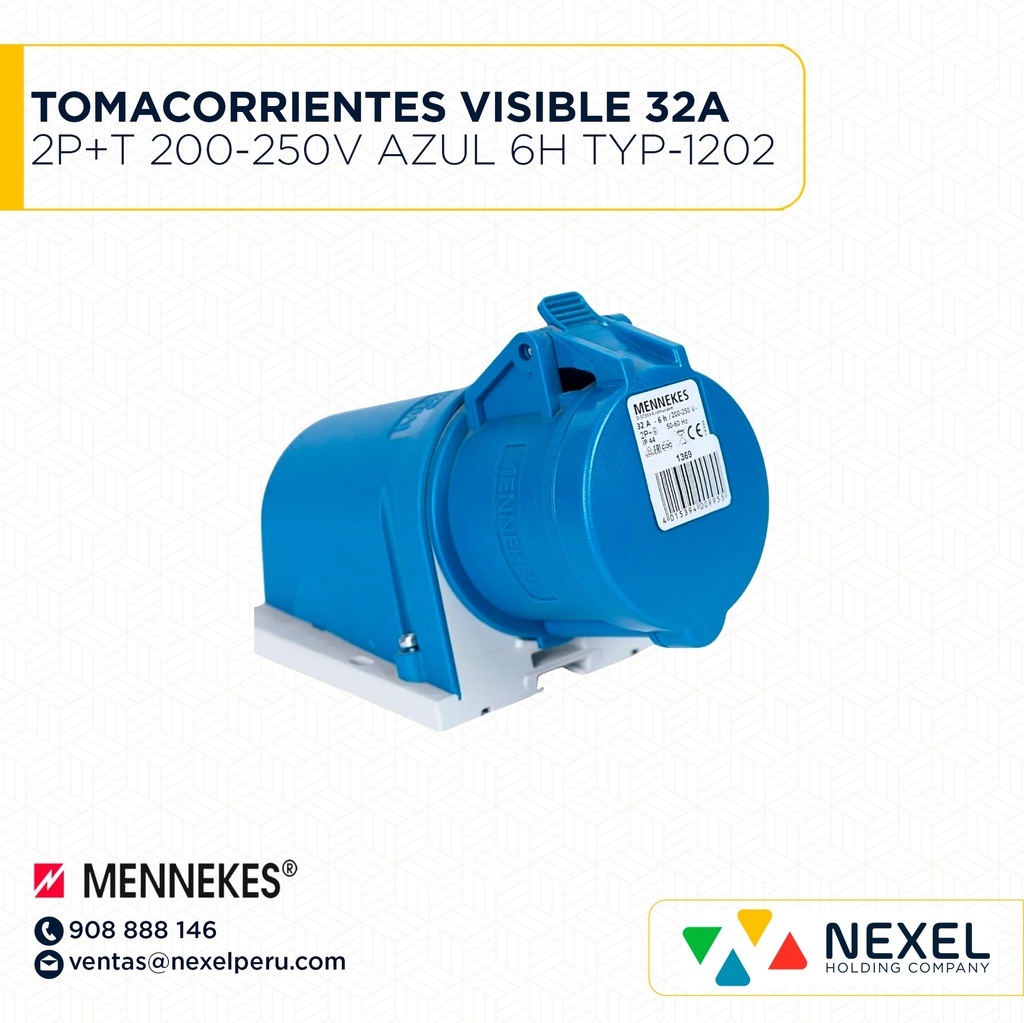 TOMACORRIENTES VISIBLE 32A 2P+T 200-250V AZUL 6H- TYP-1202 MENNEKES