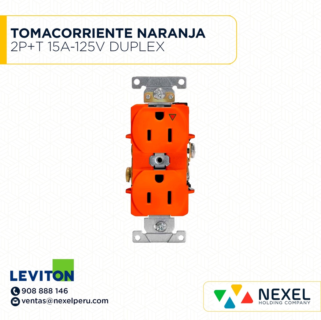 TOMACORRIENTE NARANJA 2P+T 15A-125V DUPLEX 5262-IG LEVITON