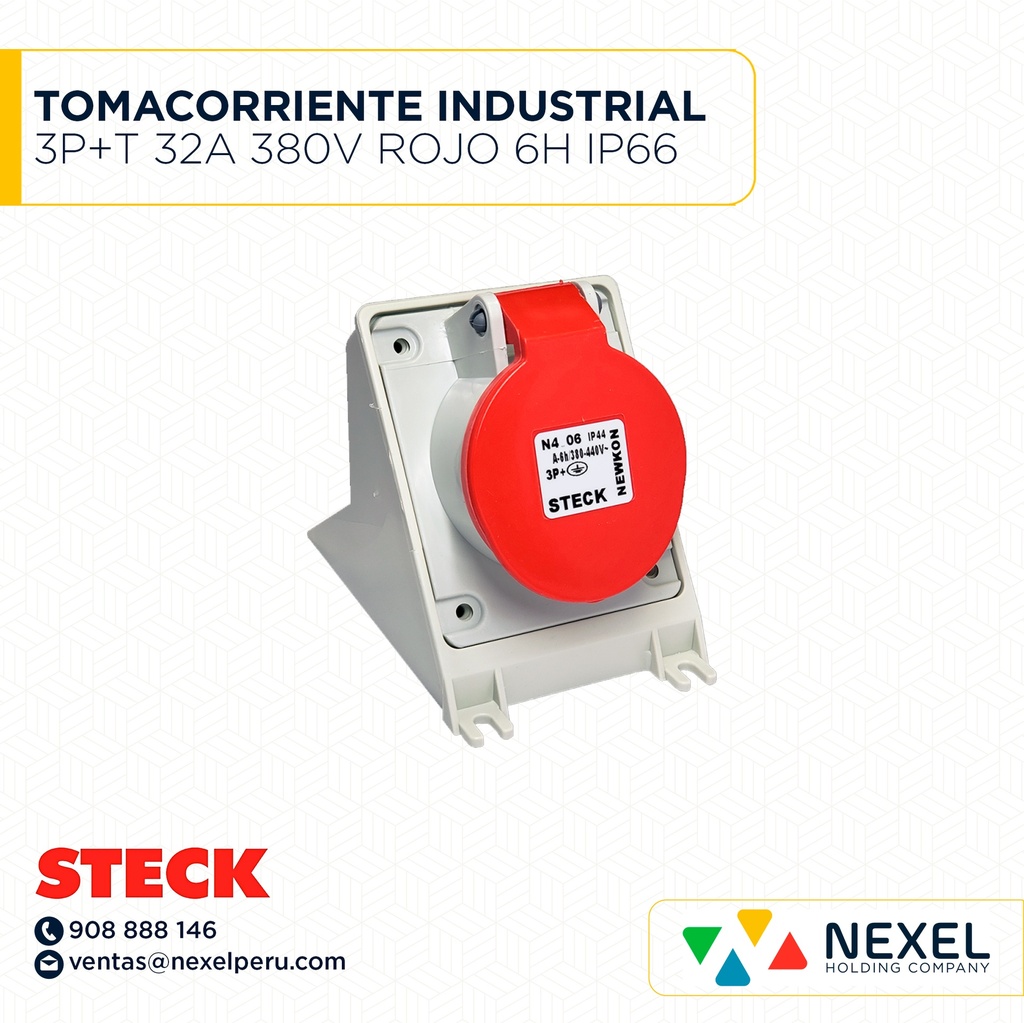 TOMACORRIENTE INDUSTRIAL C/ENCLAVAMIENTO 3P+T 32A 380V ROJO 6H IP66 / S-4206/B STECK