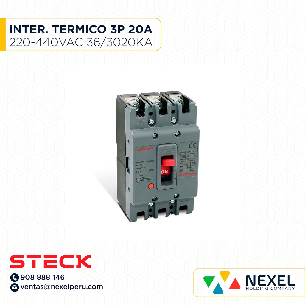 OUT- INTERRUPTOR AUT CAJA MOLD 3P FIJO 20A 36/30/25KA 220/400/440VAC SDJS20 (SD-LS20) (OULET SIN PASANTE/ CAJA) STECK