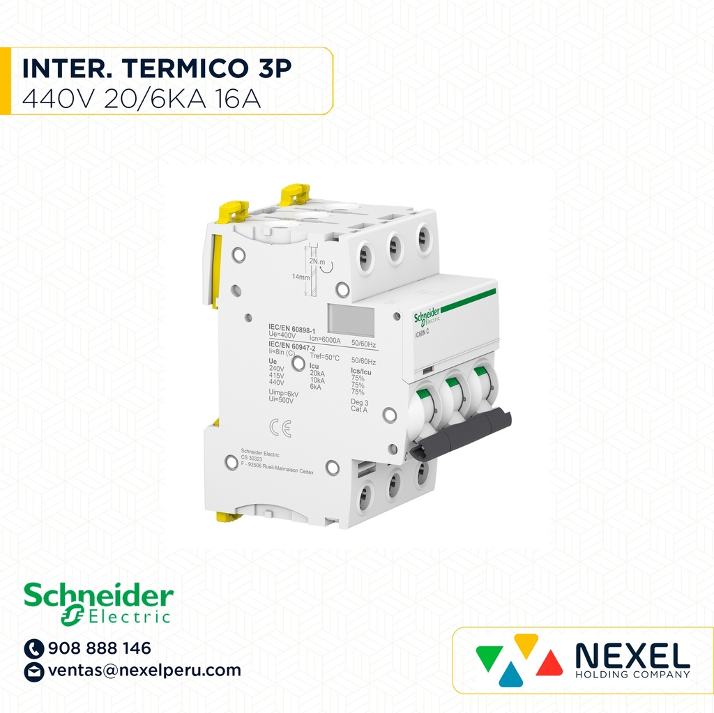 OUT-INTERRUPTOR AUT TERMOMAG P/RIEL 3P 16A 230/440VAC 20/6KA IC60N A9F74316 SCHNEIDER