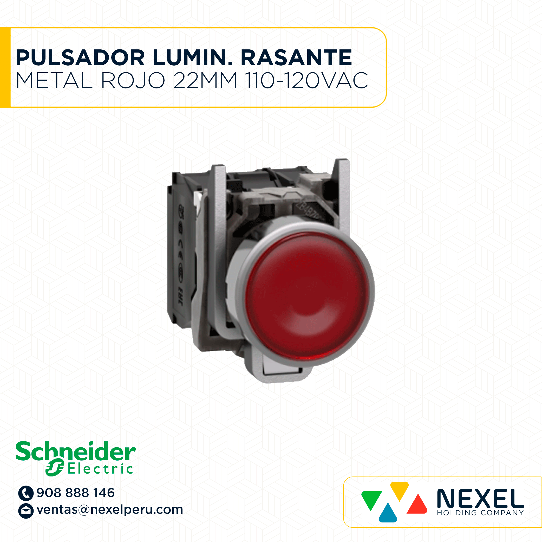 PULSADOR LUMIN. RASANTE METAL ROJO 22MM 110-120VAC C/LED 1NA+1NC HARMONY XB4BW34G5 SCHNEIDER