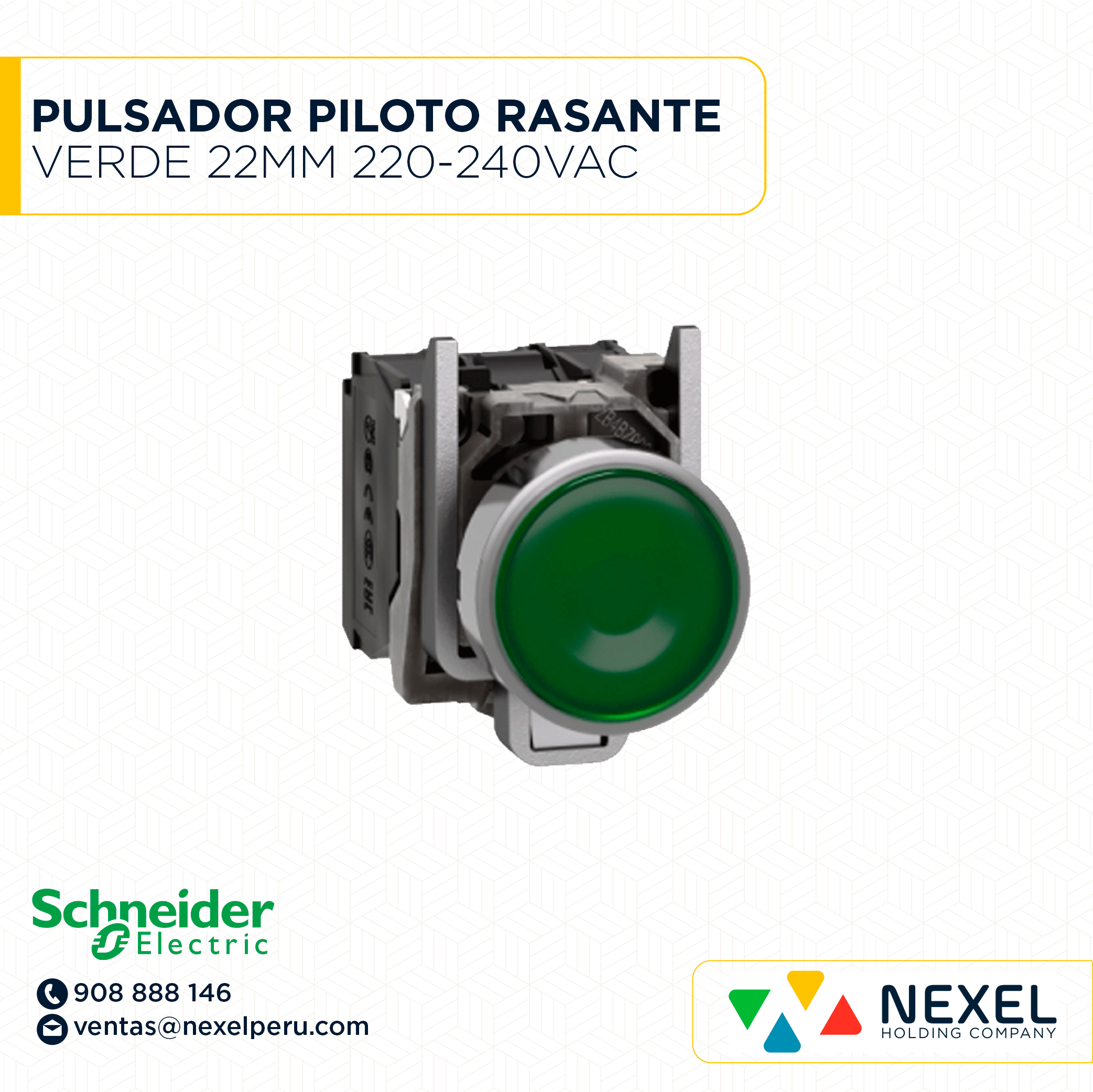OUT- PULSADOR PILOTO RASANTE METAL VERDE 22MM 220-240VAC C/LED 1NA+1NC HARMONY XB4BW33M5 SCHNEIDER