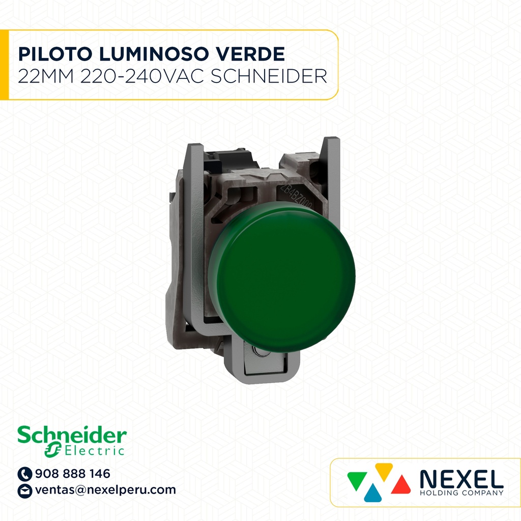 PILOTO LUMIN. RASANTE METAL VERDE 22MM 220-240VAC C/LED + BLOCK LUMINOSO LED VERDE 230-240VAC HARMONY ZBVM3 SCHNEIDER