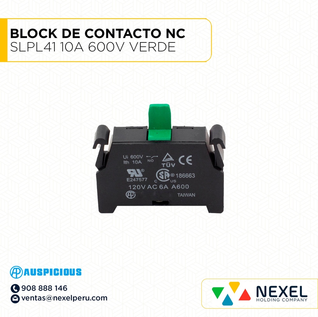 OUT- BLOCK DE CONTACTO NC SLPL41 10A 600V VERDE AUSPICIOUS