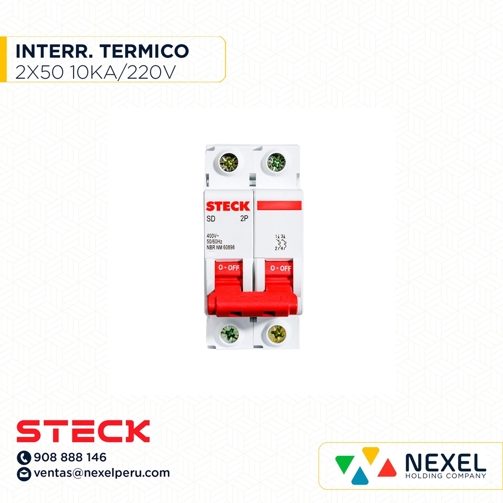 INTERRUPTOR TERMOMAGNETICO 2X50A. 10KA/220V IEC 60898. SDZD62C50 CURVA C.RIEL DIN STECK