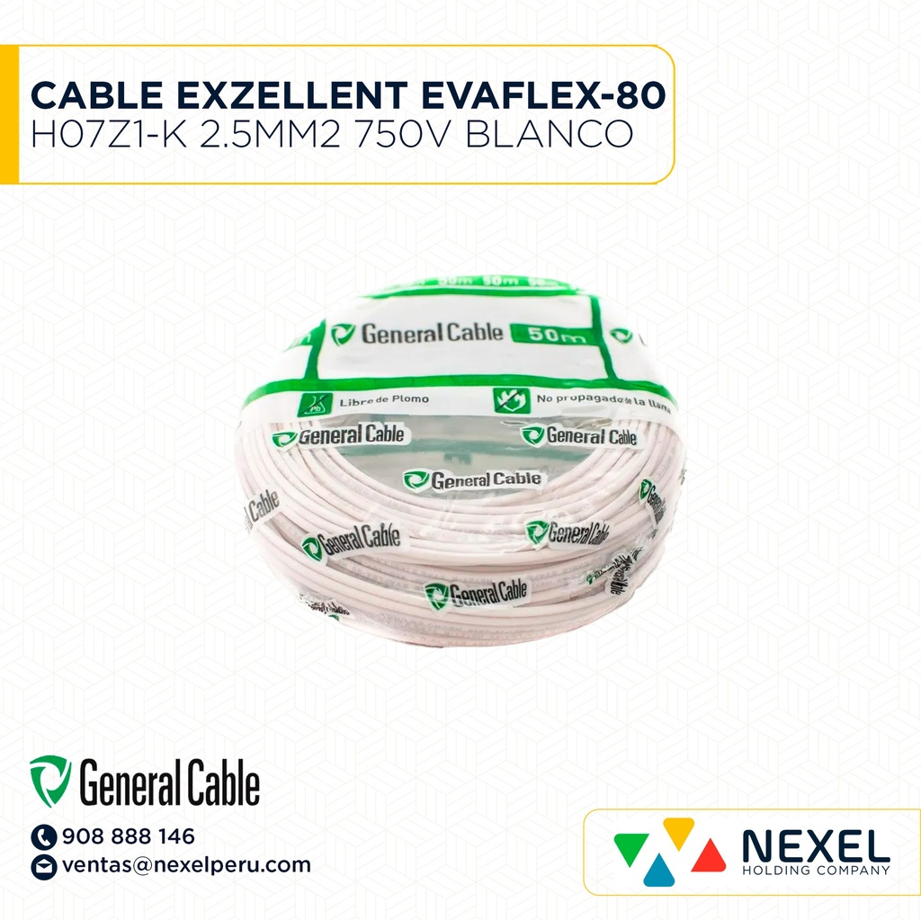 OUT- CABLE EXZELLENT EVAFLEX-80 H07Z1-K 2.5MM2 750V BLANCO GENERAL CABLE (200 METROS)