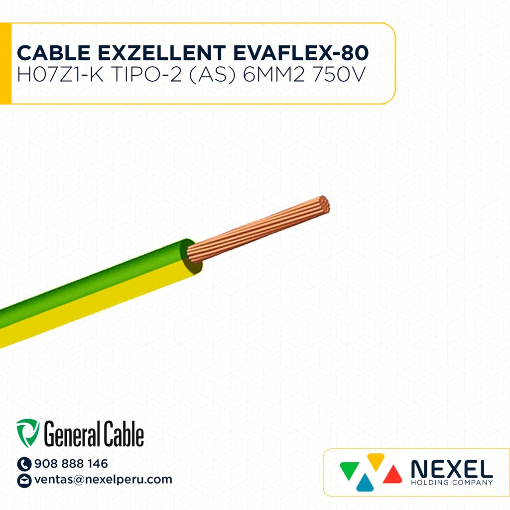 CABLE EXZELLENT EVAFLEX-80 H07Z1-K TIPO-2 (AS) 6MM2 LIBRE DE HALOGENO 750V BICOLOR VERDE AMARILLO CPT GENERAL CABLE