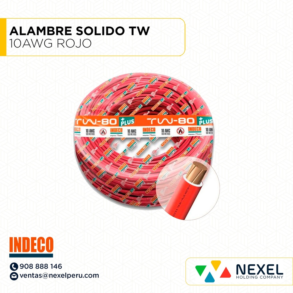 ALAMBRE SOLIDO TW 10AWG ROJO INDECO (ROLLO 100MT)