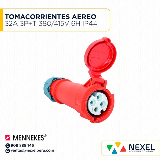 [F111314-O] OUT- TOMACORRIENTE AEREO 32A 3P+T 380/415V 6H IP44 TYP:526 ROJO MENNEKES