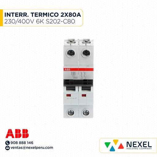[G11079] INTERR. TERMICO 2X80A 230/400V 6KA S202-C80 ABB (OULET LA PARTE DE LA BASE ESTA QUEBRADA.)