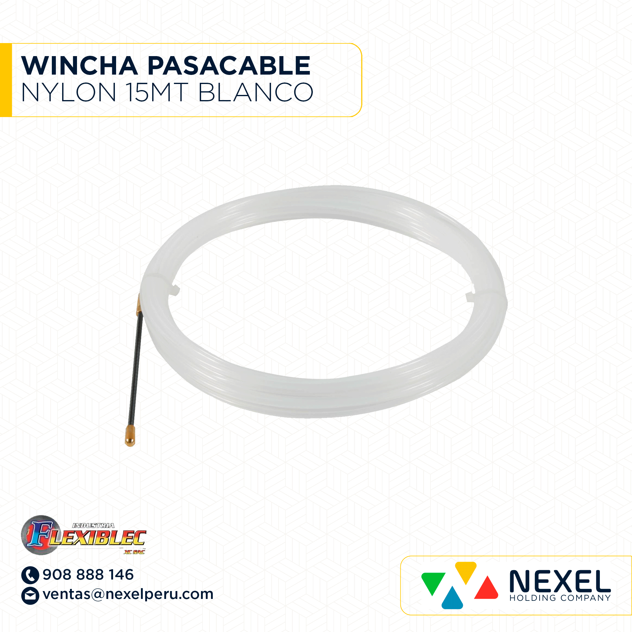 [L201710] WINCHA PASACABLE NYLON 15MT BLANCO FLEXIBLEC -B