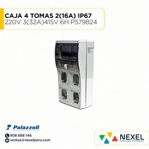 [D32201-O] OUT- CAJA 4 TOMAS 2(16A) 220V 3(32A)415V 6H IP67 P579824 PALAZZOLI