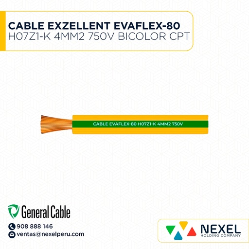 [A11944-2] CABLE EXZELLENT EVAFLEX-80 H07Z1-K 4MM2 LIBRE DE HALOGENO 750V BICOLOR VERDE/AMARILLO CPT GENERAL CABLE